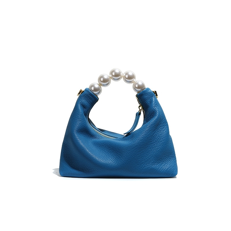 Royal Blue Beaded Handle Ladies Handbag Pearl Decor Moon Crossbody Purse