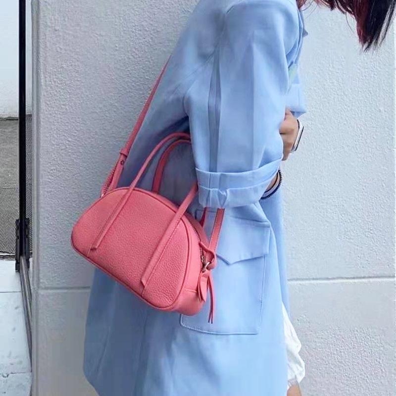 Pink Genuine Leather Crossbody Bag Litchi Grain Top Handle Hand Purse 