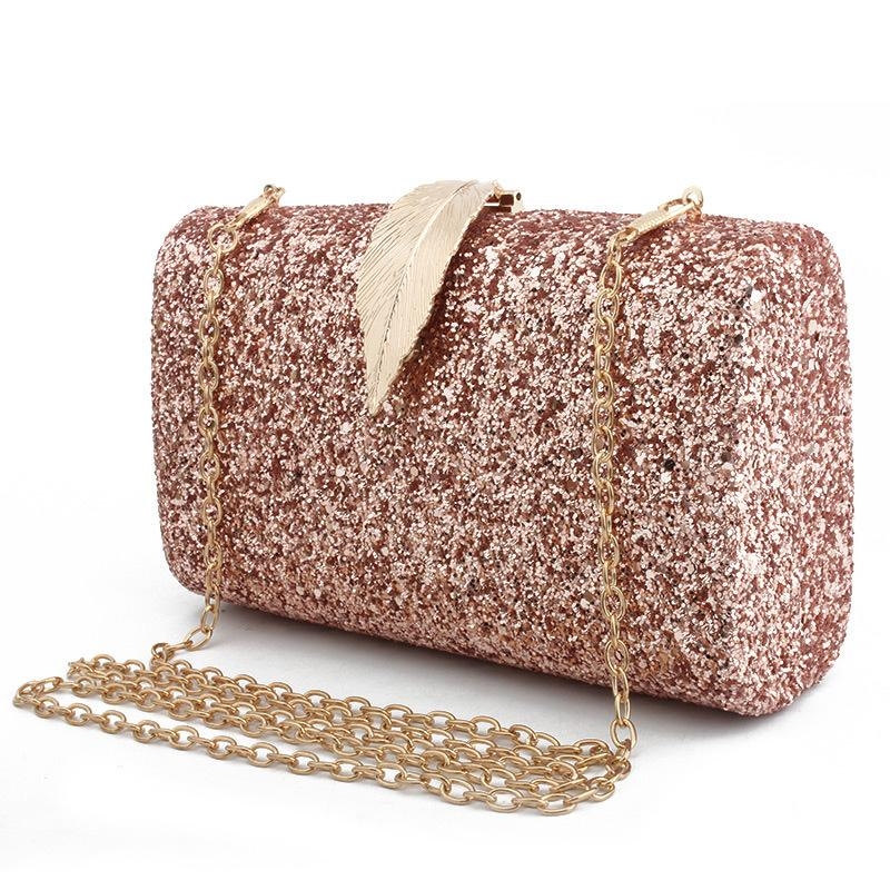 Gold Glitter Leaf Details Box Clutch Bags Evening Purses