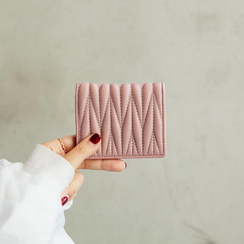 Pink Leather Pleat Card Holder Fold Wallet for Women