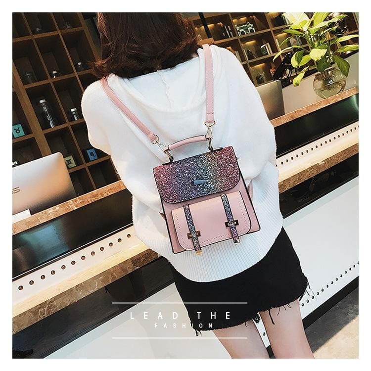 Pink Glitter Top Handle Flap Convertible Backpack Crossbody Handbags