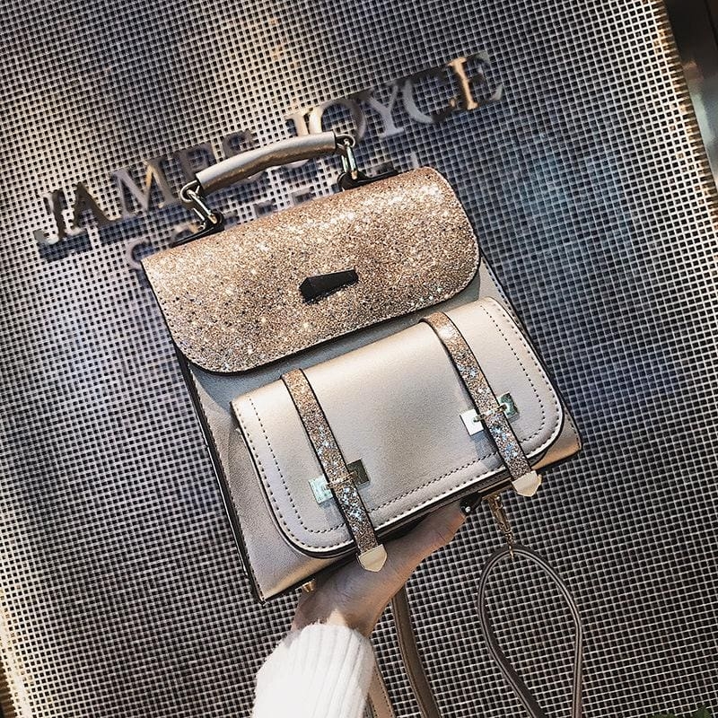 Gold Glitter Top Handle Flap Convertible Backpack Crossbody Handbags