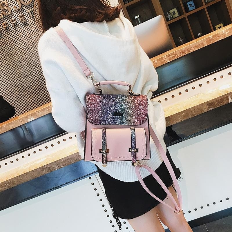 Pink Glitter Top Handle Flap Convertible Backpack Crossbody Handbags
