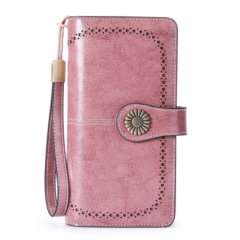 Pink Retro Accordion Zipper Leather Long Wallet