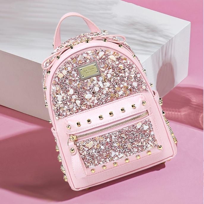 Pink Vegan Leather Rhinestones Rivets Zipper Backpack Handbags