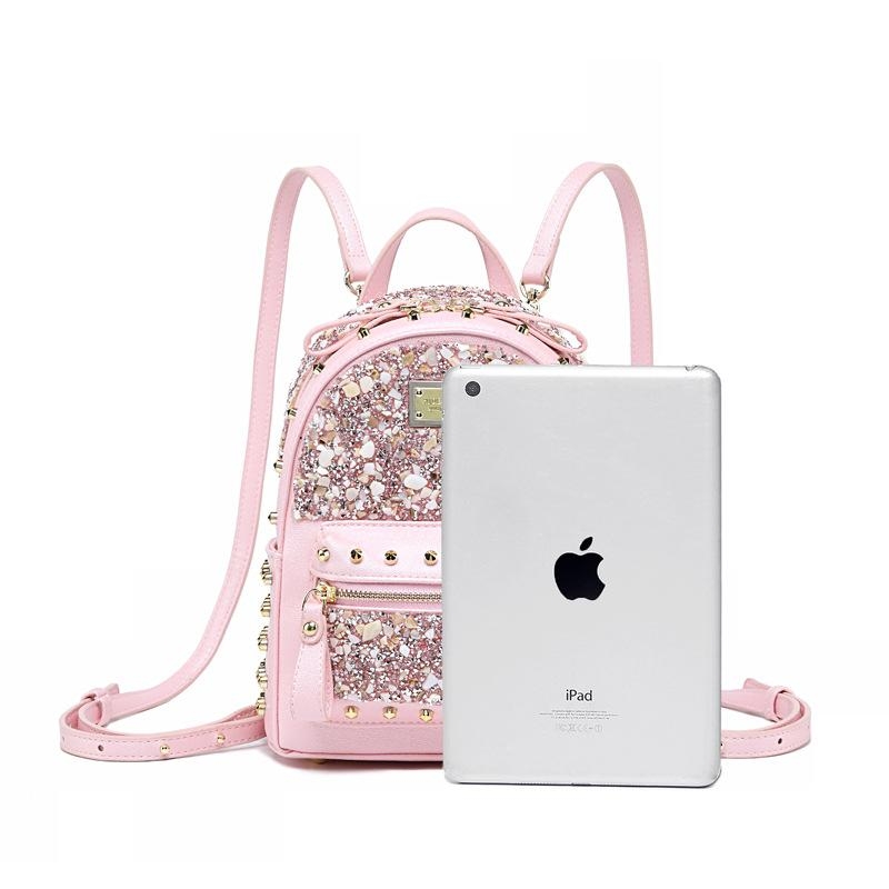 Pink Vegan Leather Rhinestones Rivets Zipper Backpack Handbags