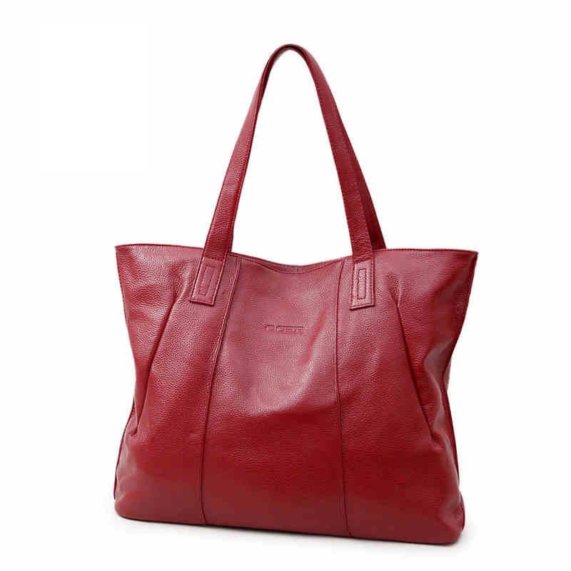 Red Soft Genuine Leather Tote Bag Simply Large Shoulder Shopper Bag ...