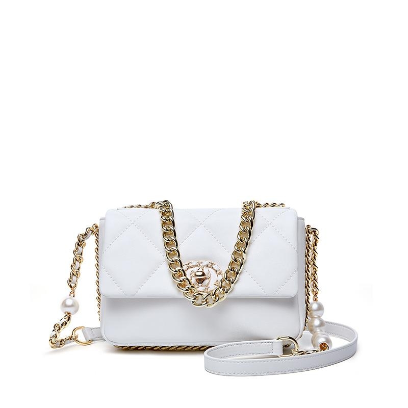 White Pearl and Chain Leather Quilted Bags Square Shoulder Bags