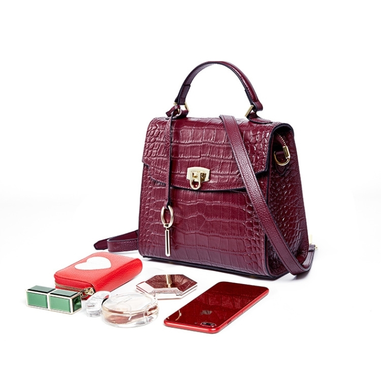 Red Leather Croc Print Crossbody Satchel Bag Top Handle Flap Handbag