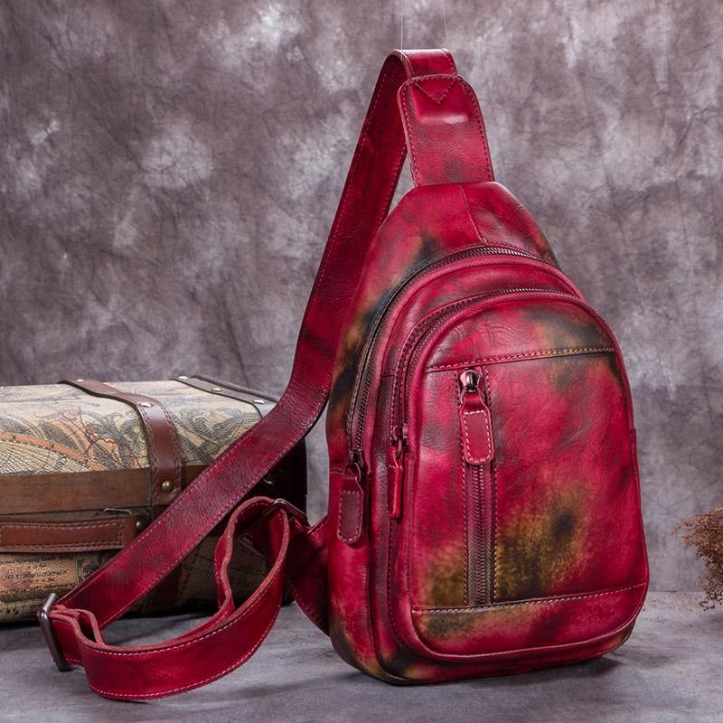 Red Floral Cow Leather Travel Sling Pack Vintage Fanny Packs