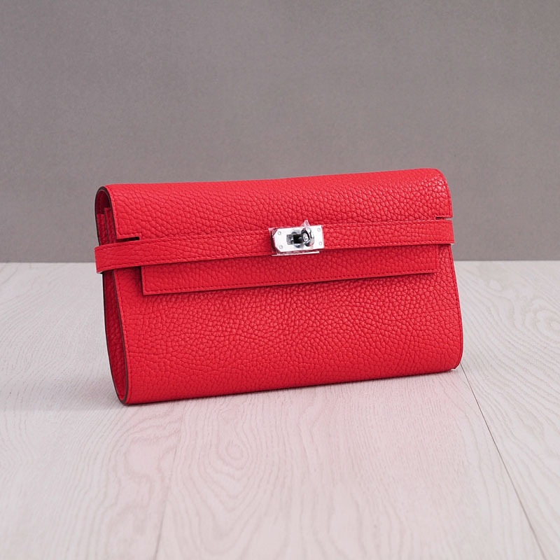 Red Genuine Leather Belt Lock Long Wallet Purses