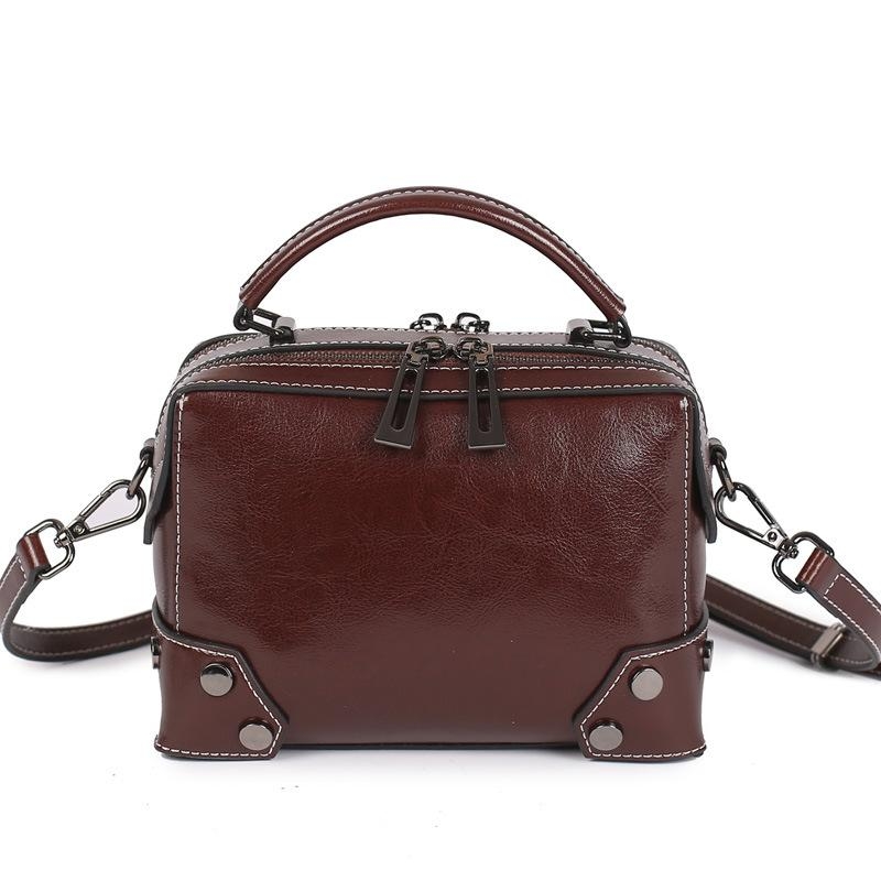 Red Genuine Leather Satchel Crossbody Purse Rivet Zipper Handbag 