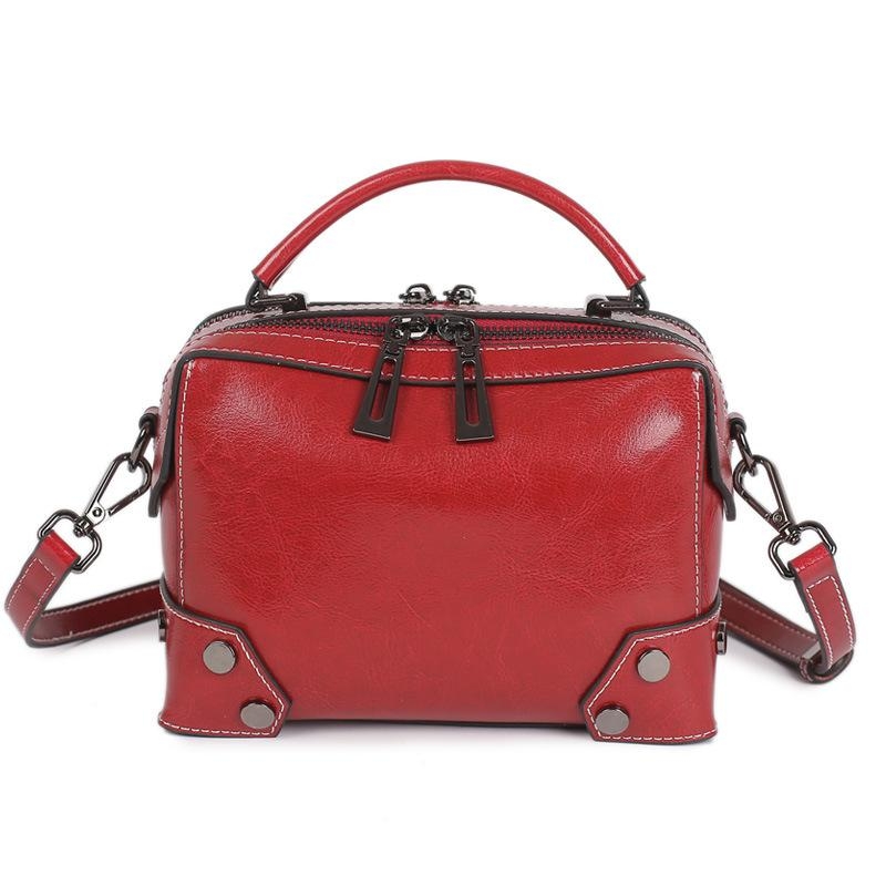 Red Genuine Leather Satchel Crossbody Purse Rivet Zipper Handbag 