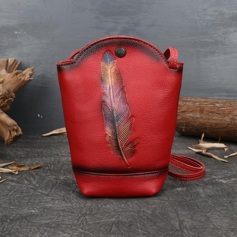 Red Leaf Genuine Leather Bucket Bag Retro Crossbody Bags