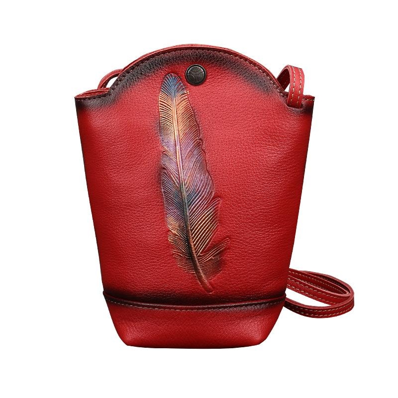 Red Leaf Genuine Leather Bucket Bag Retro Crossbody Bags