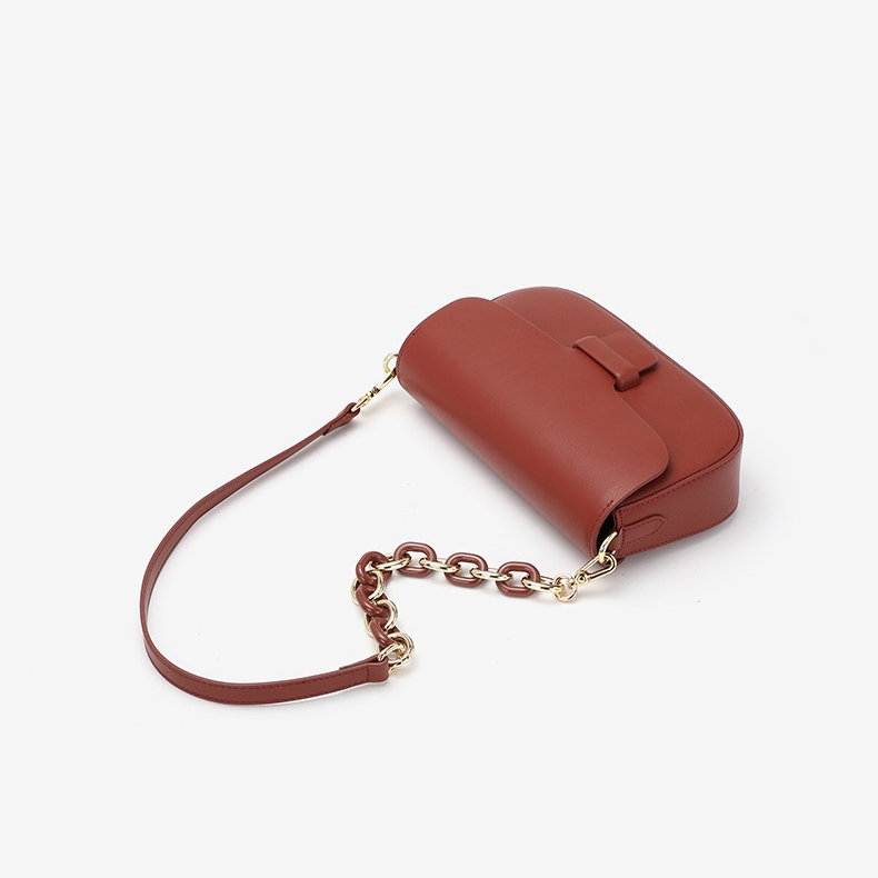 Red Leather Chain Crossbody Bag Flap Satchel Shoulder Purse