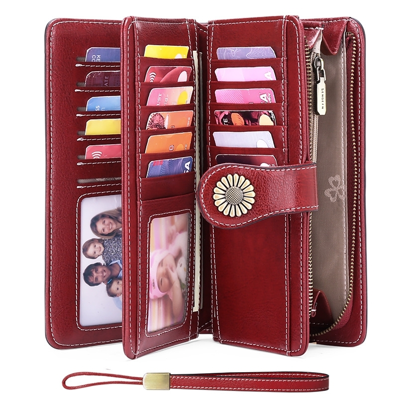 Red Retro Accordion Zipper Leather Long Wallet