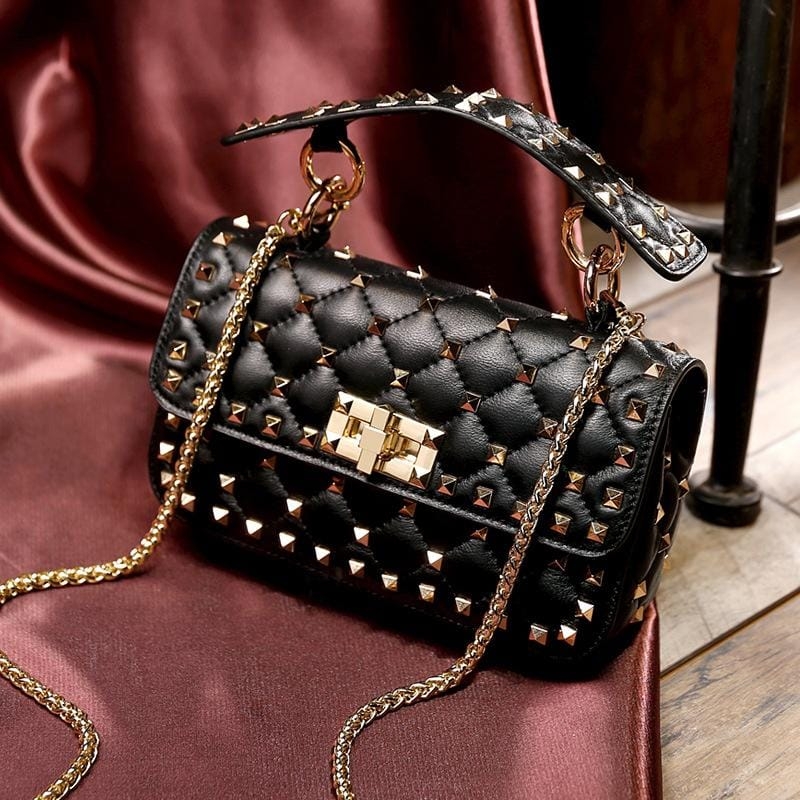 Black Rockstud Leather Quilted Handbags Foldover Crossbody Chain Bags
