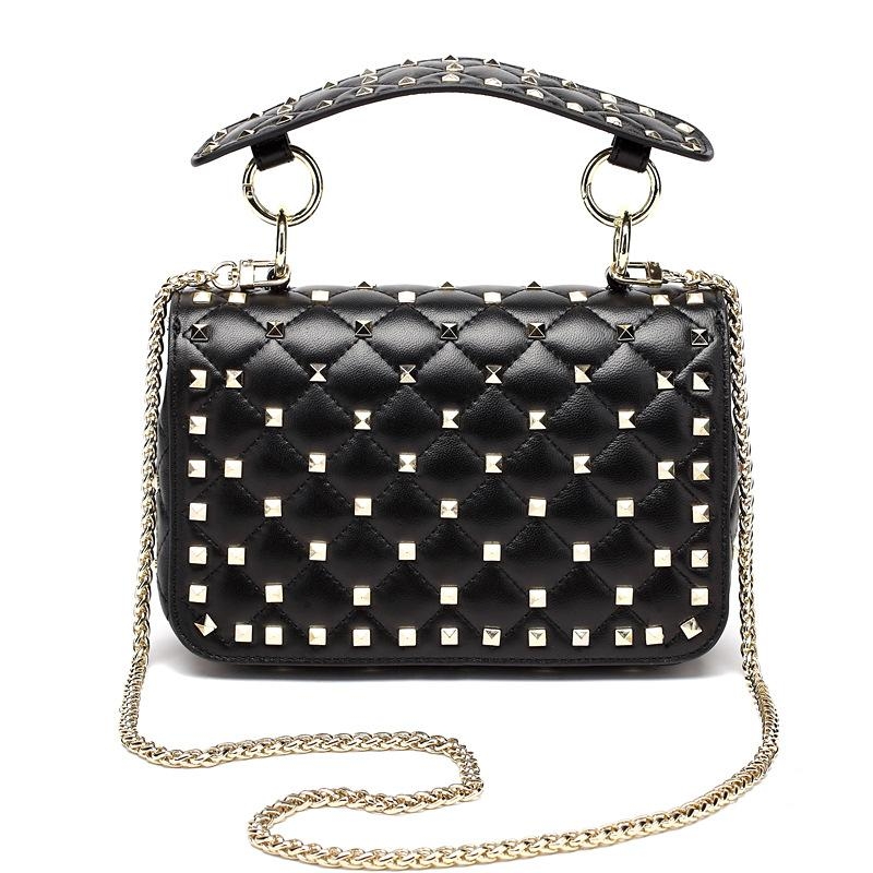Black Rockstud Leather Quilted Handbags Foldover Crossbody Chain Bags