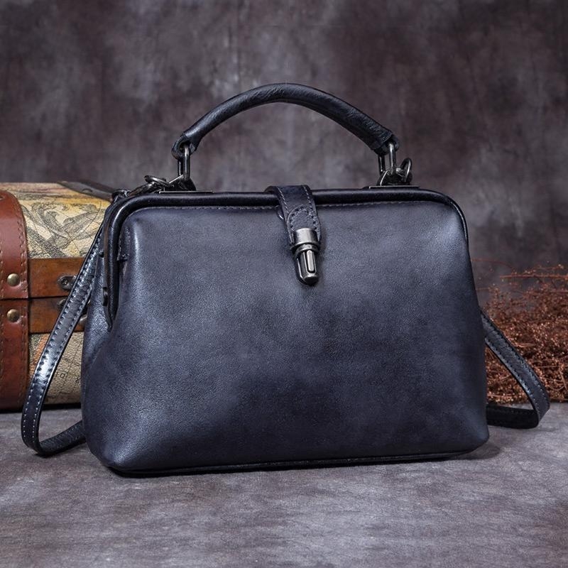 Retro Blue and Black Leather Cow Leather Doctor Bag Shoulder Bags