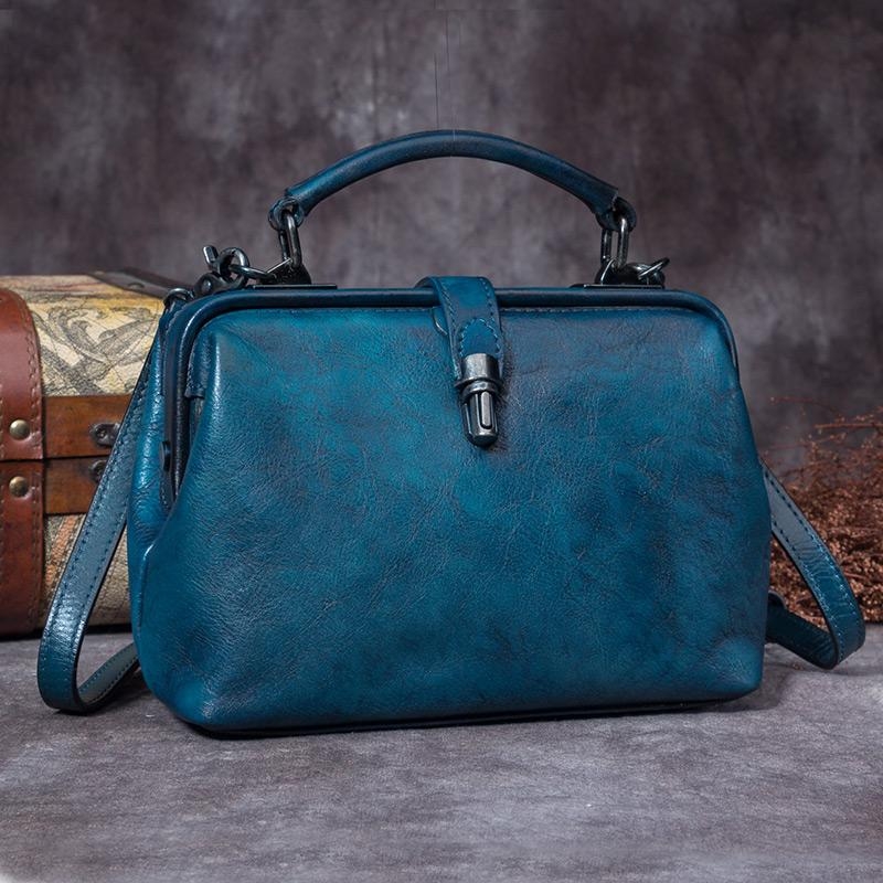 Retro Blue and Black Leather Cow Leather Doctor Bag Shoulder Bags
