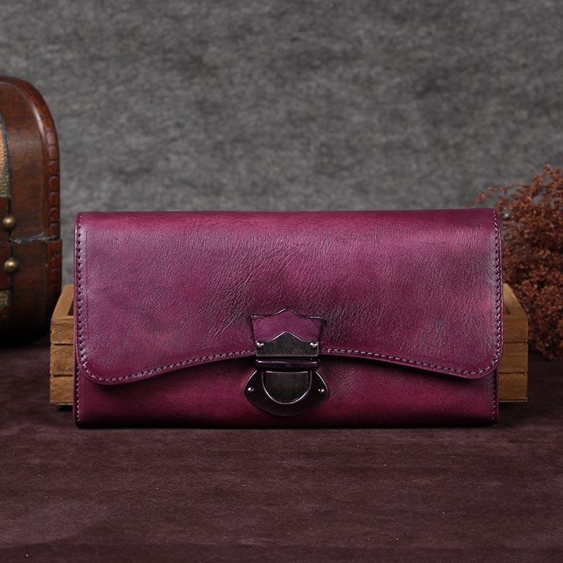 Purple Retro Buckle Cow Leather Long Wallet for Women