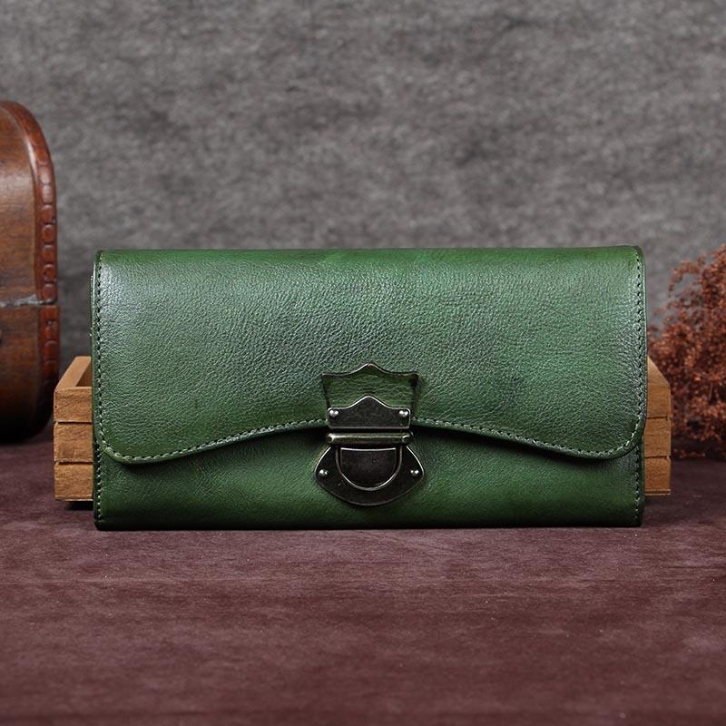 Retro Buckle Cow Leather Long Wallet for Women
