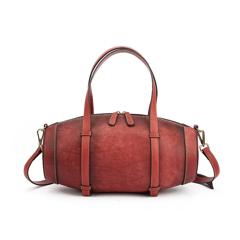 Maroon Retro Cylindrical Leather Boston Bags