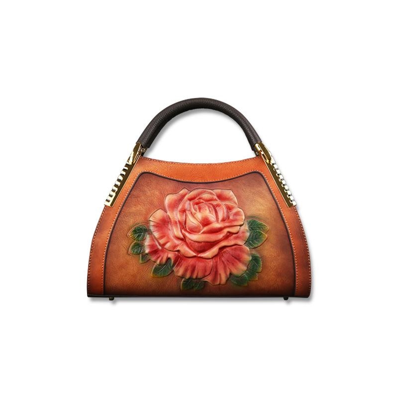 Maroon Floral Embossing Leather Handbags Top Handle Crossbody Bags