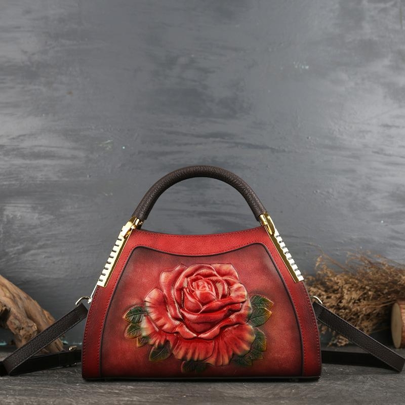 Maroon Floral Embossing Leather Handbags Top Handle Crossbody Bags