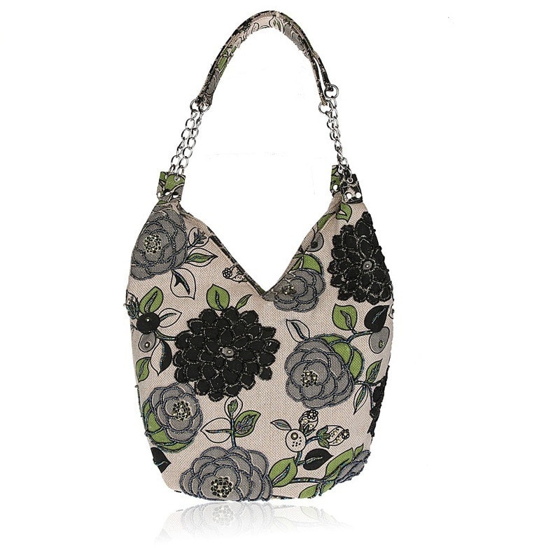 Grey Canvas Shoulder Bag Floral Print Summer Hobo Bag