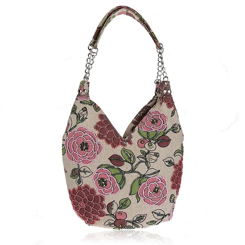 Grey Canvas Shoulder Bag Floral Print Summer Hobo Bag