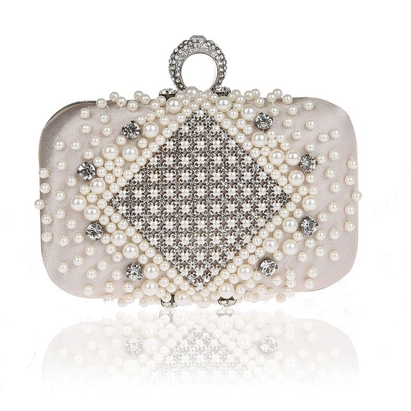 Ivory Beaded Rhinestone Evening Clutch Purse for Party