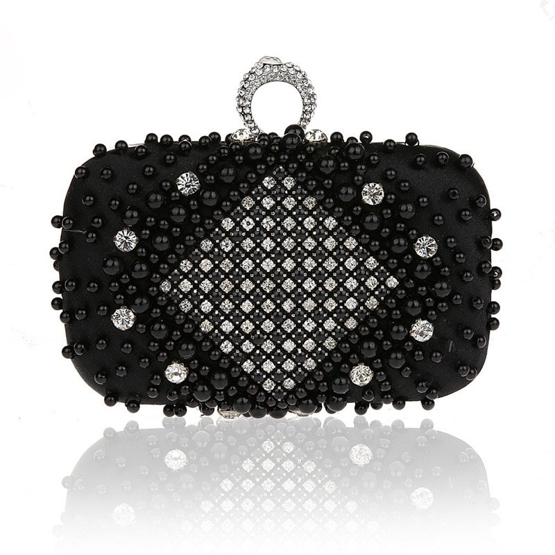 Black Beaded Rhinestone Evening Clutch Purse for Party
