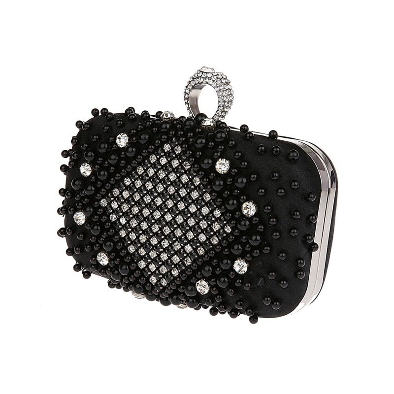 Black Beaded Rhinestone Evening Clutch Purse for Party
