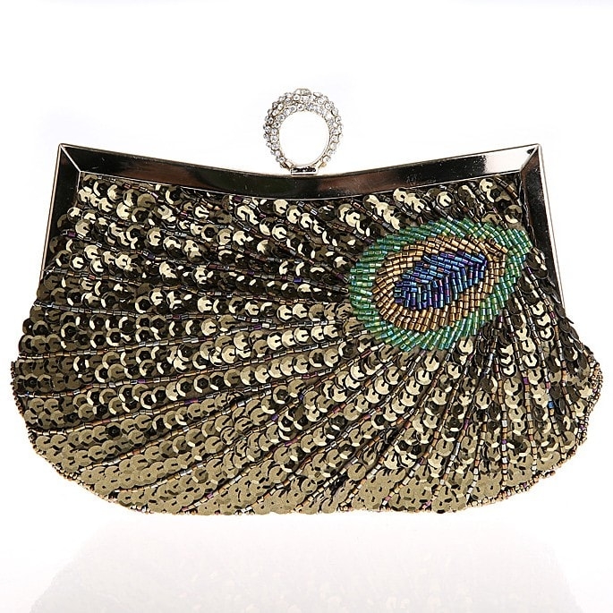 Black Sequined Peacock Pattern Clutch Purse