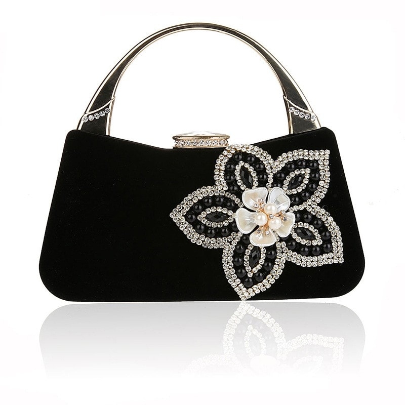 Black Rhinestone Flower Mini Bag Fashion Evening Handbag