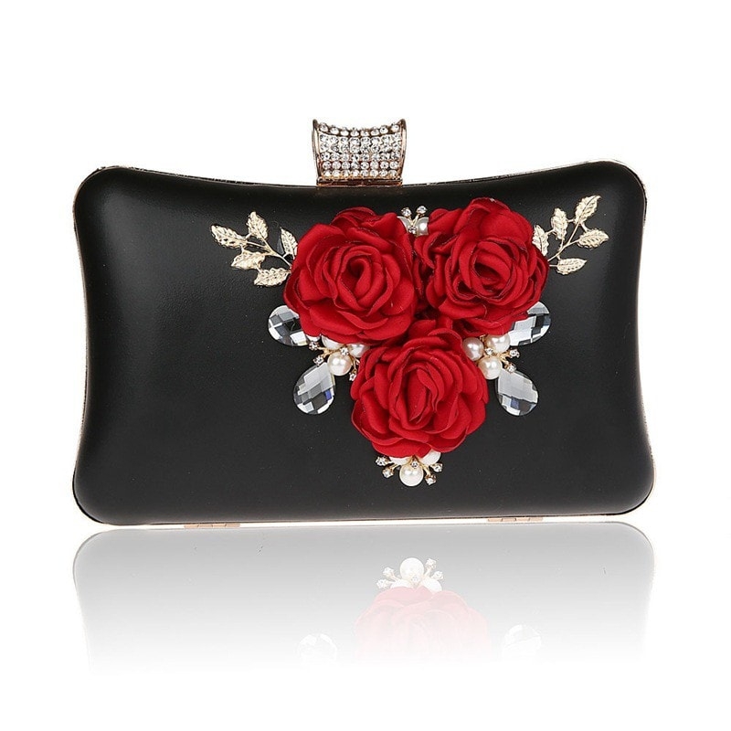 Black and Red Rose Evening Clutch Purse