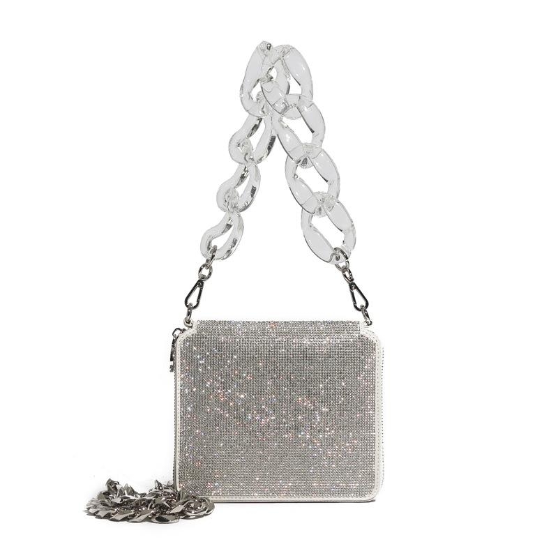 Silver Acrylic Chain Crossbody Zip Small Clutch Purse with Rhinestones