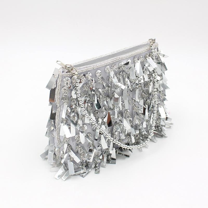 Silver Beaded Sequin Clutch Purse Sparkly Evening Bags with Zip
