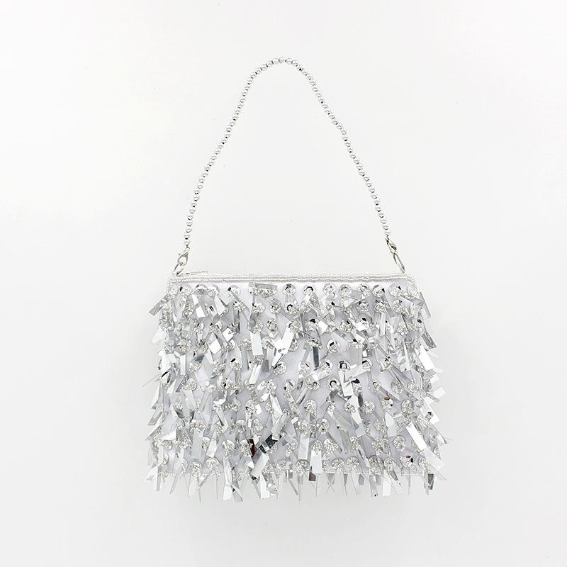 Silver Beaded Sequin Clutch Purse Sparkly Evening Bags with Zip