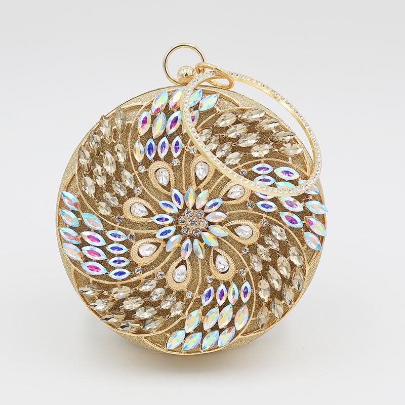 Gold Circle Crystal Peacock Feathers Clutch Purse Evening Bags