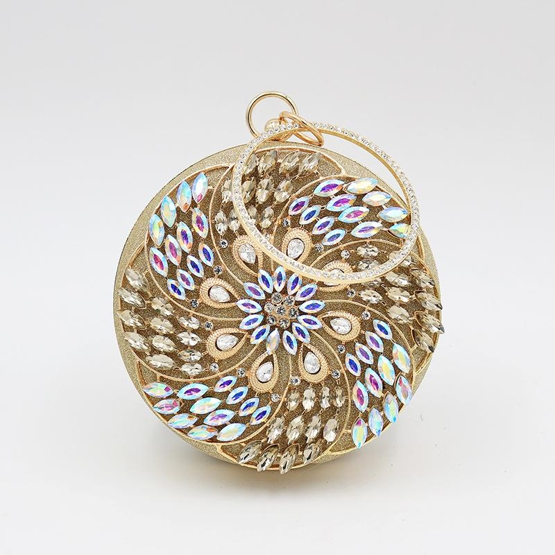 Gold Circle Crystal Peacock Feathers Clutch Purse Evening Bags