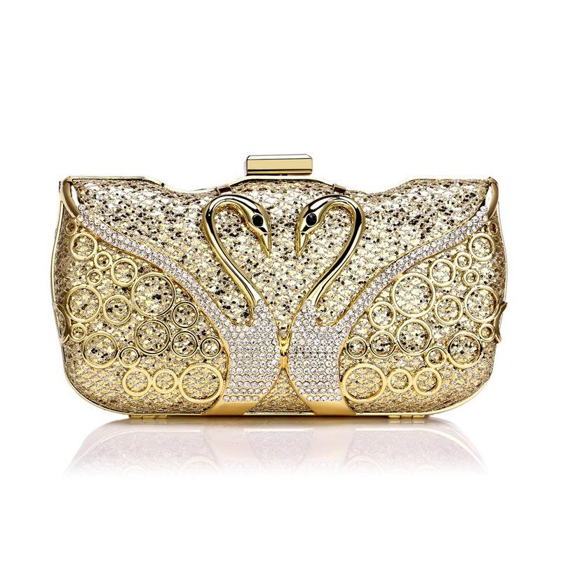 Gold Glitter Box Clutch Purse Metal Swan Rhinestones Evening Bags