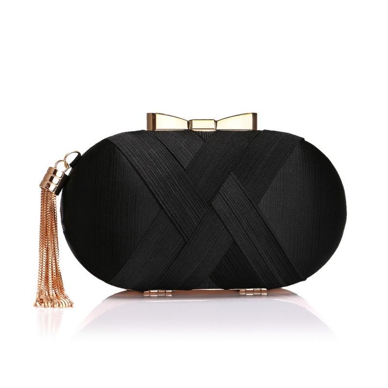 Black Silk Box Clutch Luxury Bowknot Evening Bags with Gold Tassel