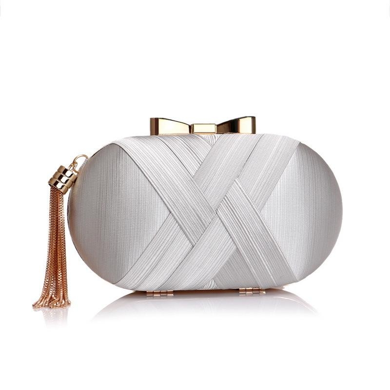 Silver Silk Box Clutch Luxury Bowknot Evening Bags with Gold Tassel