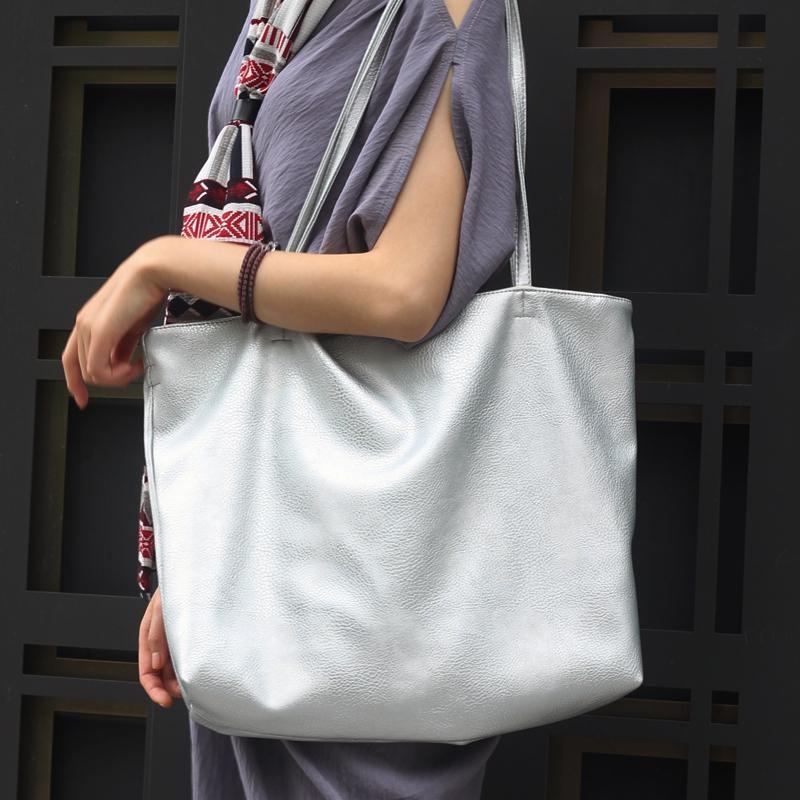Sliver Soft Faux-Leather Tote Metallic Luster Large Shopper Bags