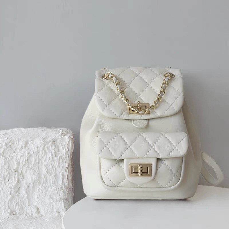 White Soft Leather Quilted Bag Flap Backpack Purse With Chain Strap