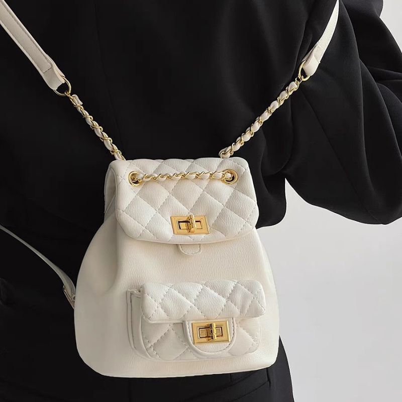 White Soft Leather Quilted Bag Flap Backpack Purse With Chain Strap