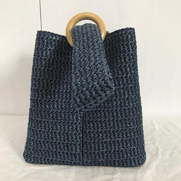 Dark Blue Straw Bucket Bags Circle Bucket Summer Handbags